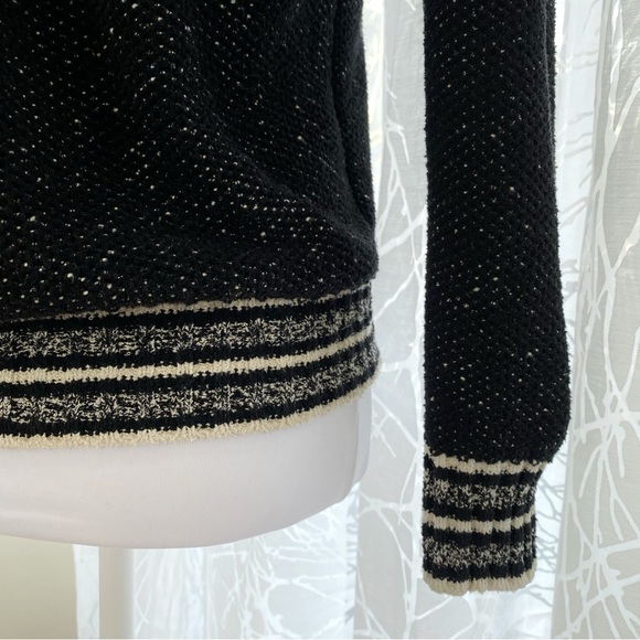 MAJE FIERE black knit white stripe trim crewneck zipper shoulder detail sweater - Picture 6 of 12